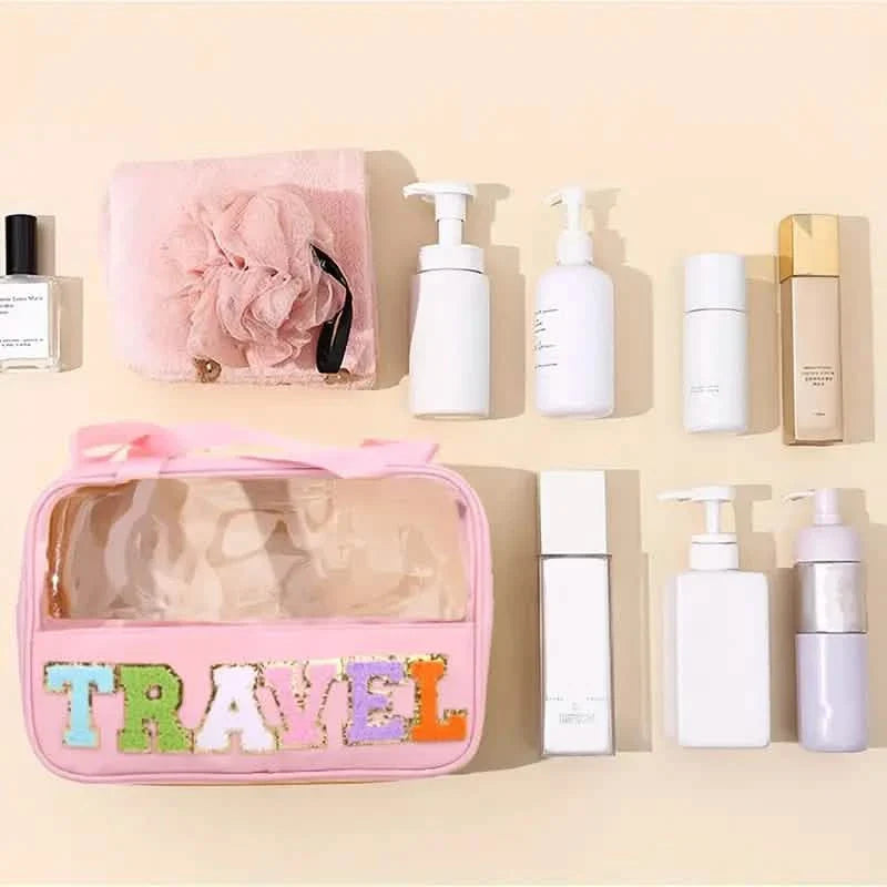 Trousse de maquillage transparente à motif lettres avec poignée