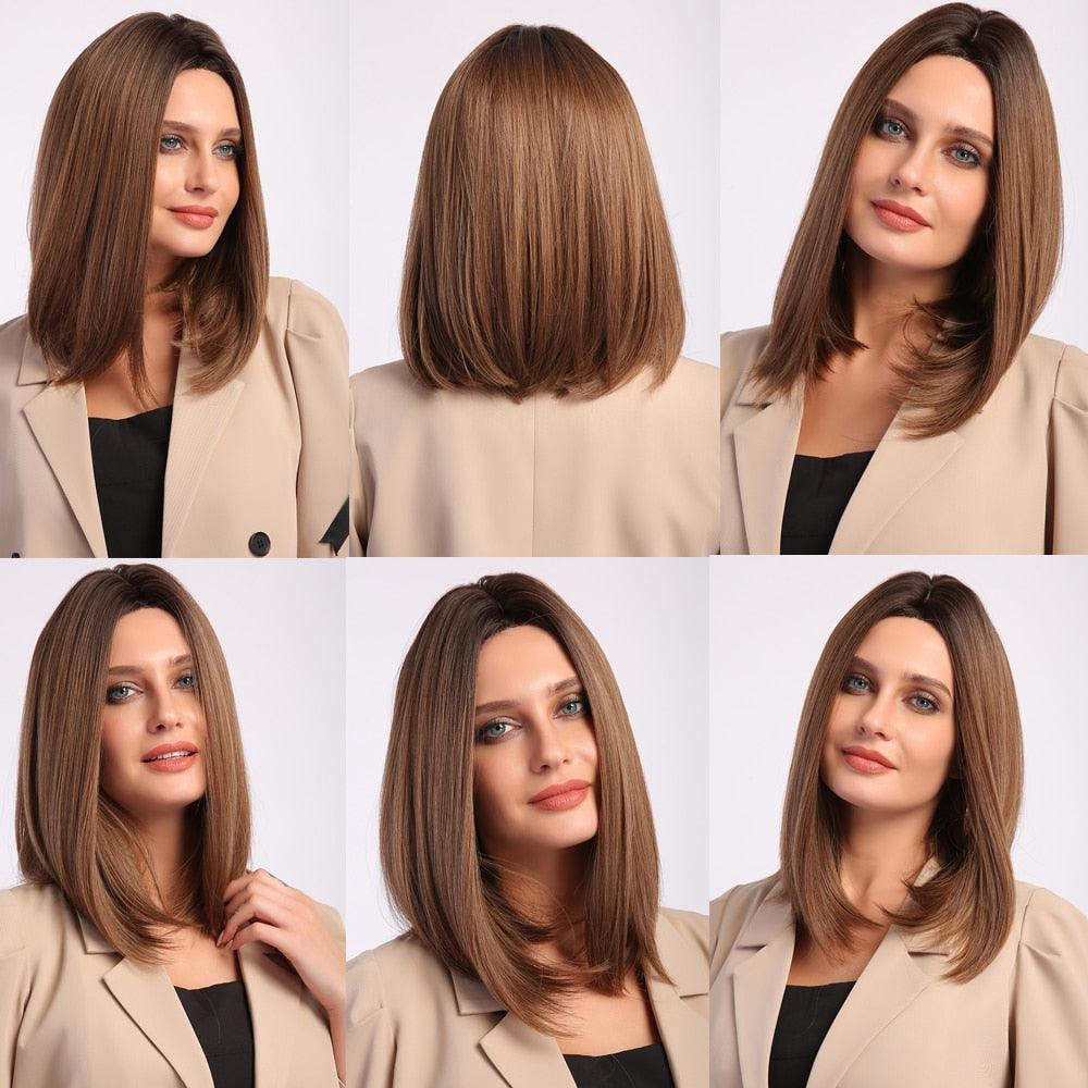 Treding Bob Perruque Synthétique Ombrée Droite Brune Noire Naturelle Courte pour Femmes Raie Milieu Perruques Cosplay Résistantes à la Chaleur Perruques pour Femmes Noires Perruques pour Cosplay