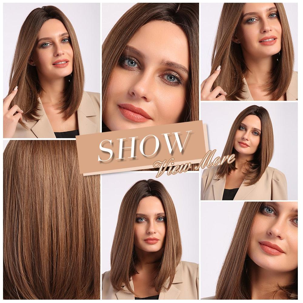Treding Bob Perruque Synthétique Ombrée Droite Brune Noire Naturelle Courte pour Femmes Raie Milieu Perruques Cosplay Résistantes à la Chaleur Perruques pour Femmes Noires Perruques pour Cosplay