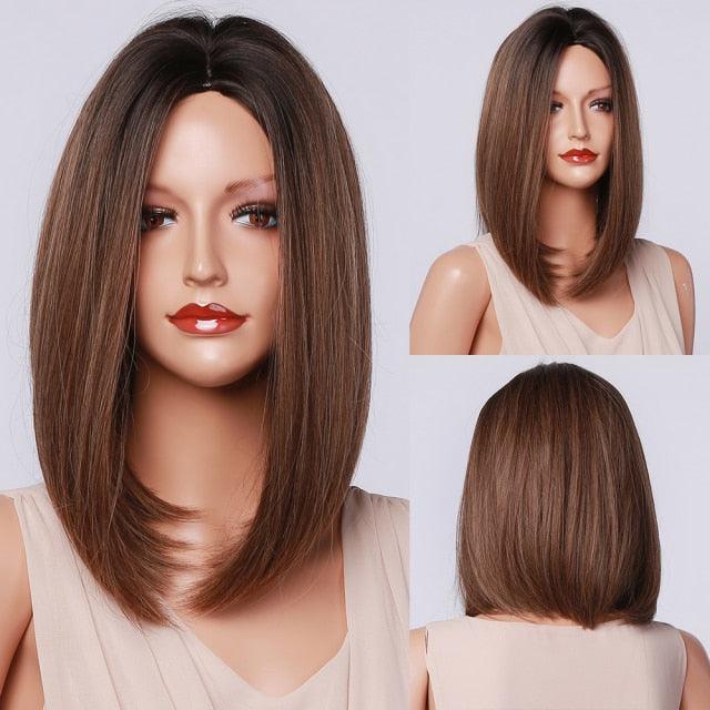 Treding Bob Perruque Synthétique Ombrée Droite Brune Noire Naturelle Courte pour Femmes Raie Milieu Perruques Cosplay Résistantes à la Chaleur Perruques pour Femmes Noires Perruques pour Cosplay