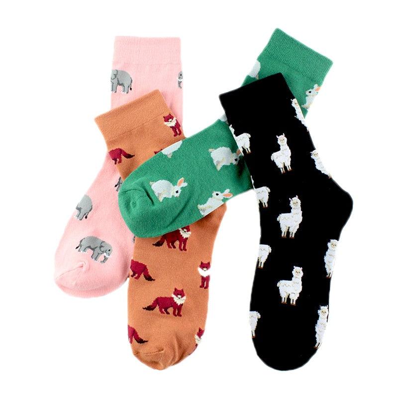 Chaussettes courtes unisexe en coton amusantes, chaudes et décontractées, avec motif d'animaux (Alpaga, Éléphant, Renard, Lapin) pour hommes et femmes amoureux des animaux