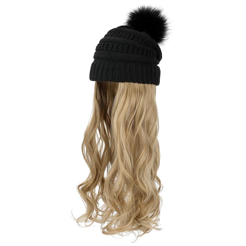 Perruque Chapeau Tendance Synthétique Longue Ondulée avec Béret Chapeau Tricoté Mode Noir Automne Hiver Bonnet Extensions Capillaires Perruques Pour Femmes Noires Perruques de Cosplay Pour Femmes