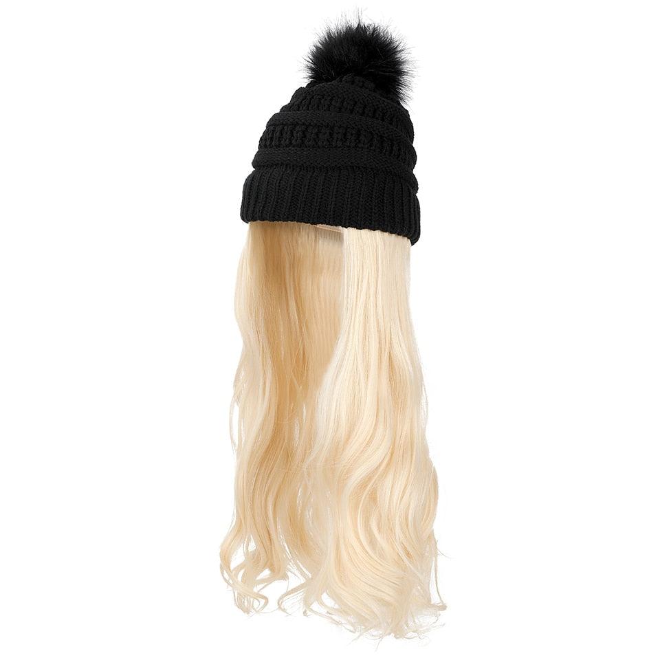 Perruque Chapeau Tendance Synthétique Longue Ondulée avec Béret Chapeau Tricoté Mode Noir Automne Hiver Bonnet Extensions Capillaires Perruques Pour Femmes Noires Perruques de Cosplay Pour Femmes