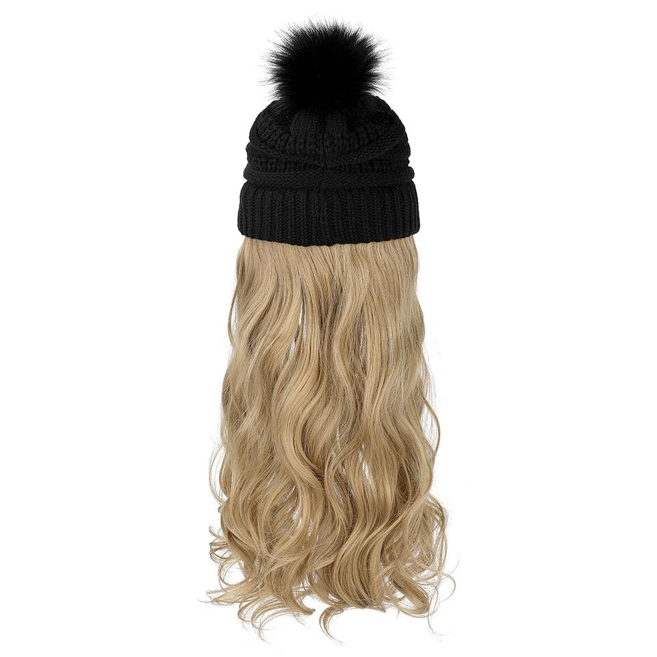 Perruque Chapeau Tendance Synthétique Longue Ondulée avec Béret Chapeau Tricoté Mode Noir Automne Hiver Bonnet Extensions Capillaires Perruques Pour Femmes Noires Perruques de Cosplay Pour Femmes