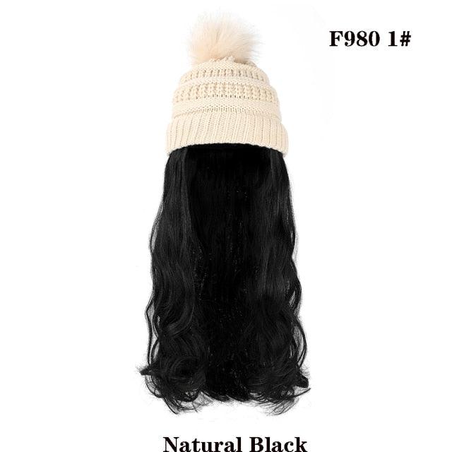 Perruque Chapeau Tendance Synthétique Longue Ondulée avec Béret Chapeau Tricoté Mode Noir Automne Hiver Bonnet Extensions Capillaires Perruques Pour Femmes Noires Perruques de Cosplay Pour Femmes