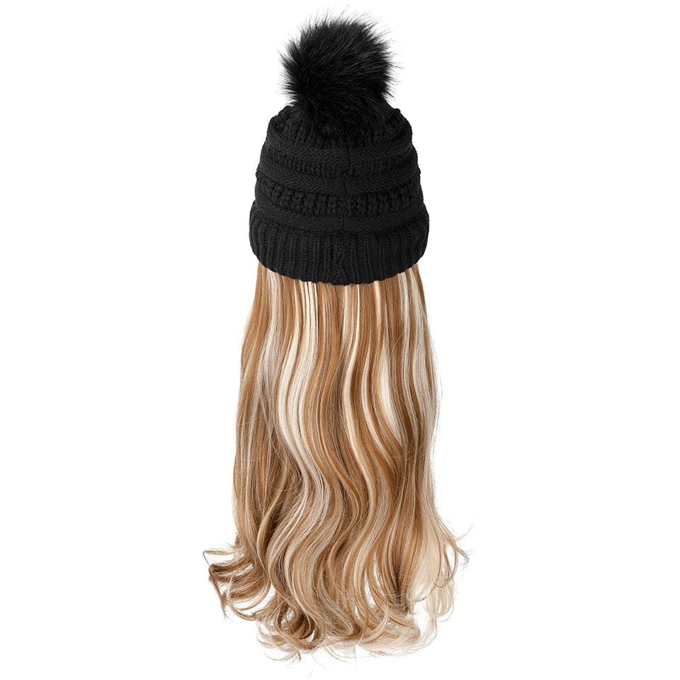 Perruque Chapeau Tendance Synthétique Longue Ondulée avec Béret Chapeau Tricoté Mode Noir Automne Hiver Bonnet Extensions Capillaires Perruques Pour Femmes Noires Perruques de Cosplay Pour Femmes