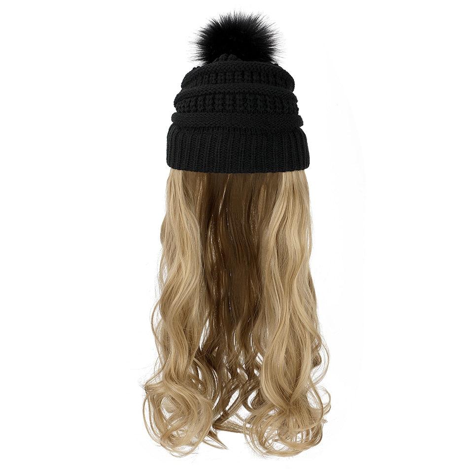 Perruque Chapeau Tendance Synthétique Longue Ondulée avec Béret Chapeau Tricoté Mode Noir Automne Hiver Bonnet Extensions Capillaires Perruques Pour Femmes Noires Perruques de Cosplay Pour Femmes