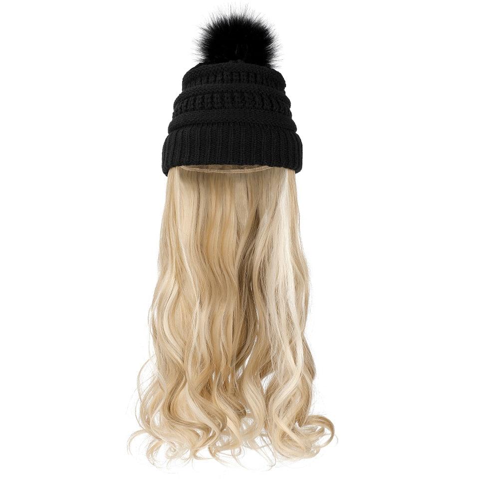 Perruque Chapeau Tendance Synthétique Longue Ondulée avec Béret Chapeau Tricoté Mode Noir Automne Hiver Bonnet Extensions Capillaires Perruques Pour Femmes Noires Perruques de Cosplay Pour Femmes
