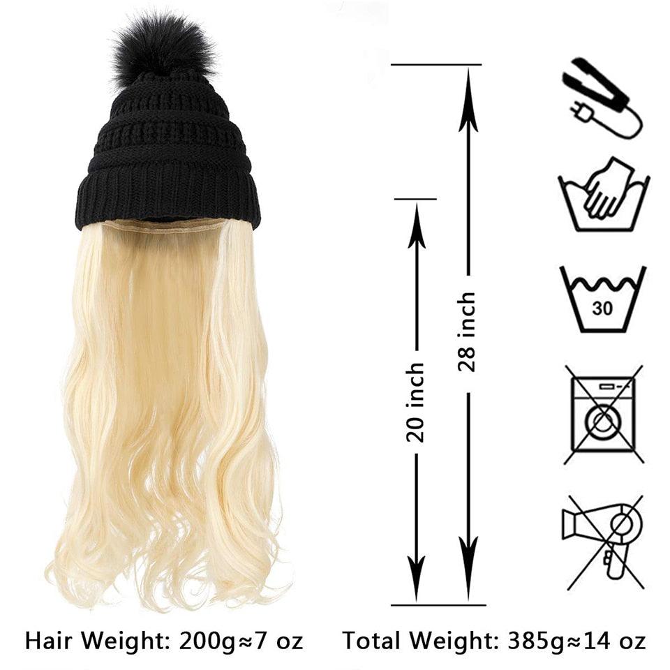 Perruque Chapeau Tendance Synthétique Longue Ondulée avec Béret Chapeau Tricoté Mode Noir Automne Hiver Bonnet Extensions Capillaires Perruques Pour Femmes Noires Perruques de Cosplay Pour Femmes