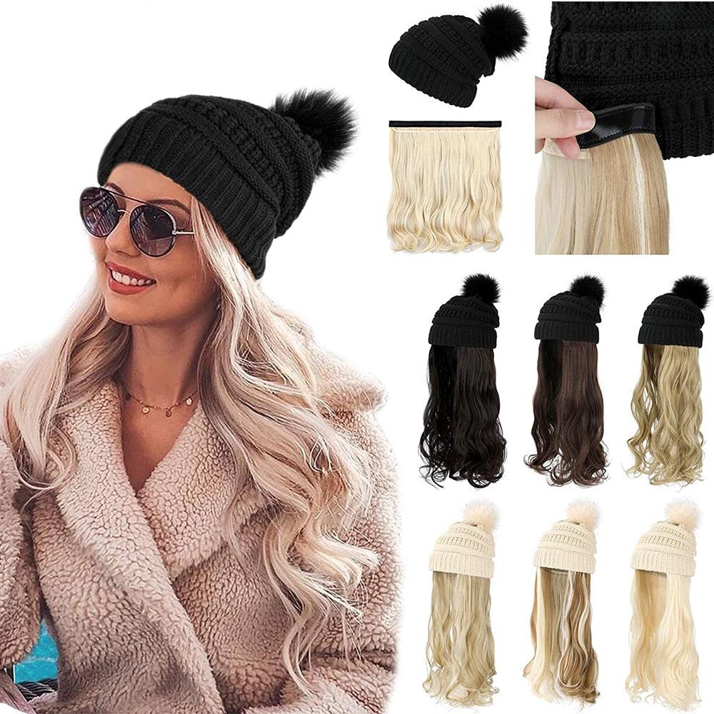 Perruque Chapeau Tendance Synthétique Longue Ondulée avec Béret Chapeau Tricoté Mode Noir Automne Hiver Bonnet Extensions Capillaires Perruques Pour Femmes Noires Perruques de Cosplay Pour Femmes