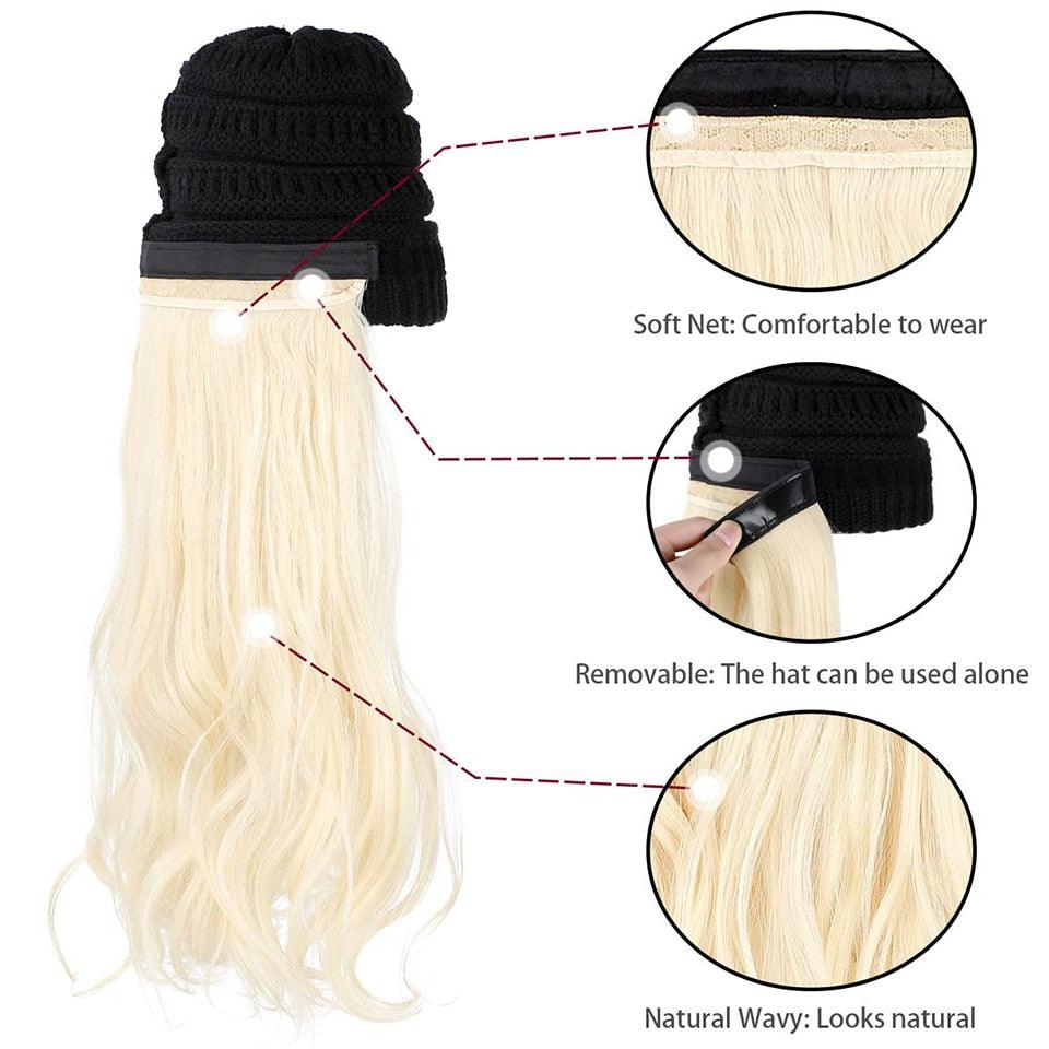 Perruque Chapeau Tendance Synthétique Longue Ondulée avec Béret Chapeau Tricoté Mode Noir Automne Hiver Bonnet Extensions Capillaires Perruques Pour Femmes Noires Perruques de Cosplay Pour Femmes