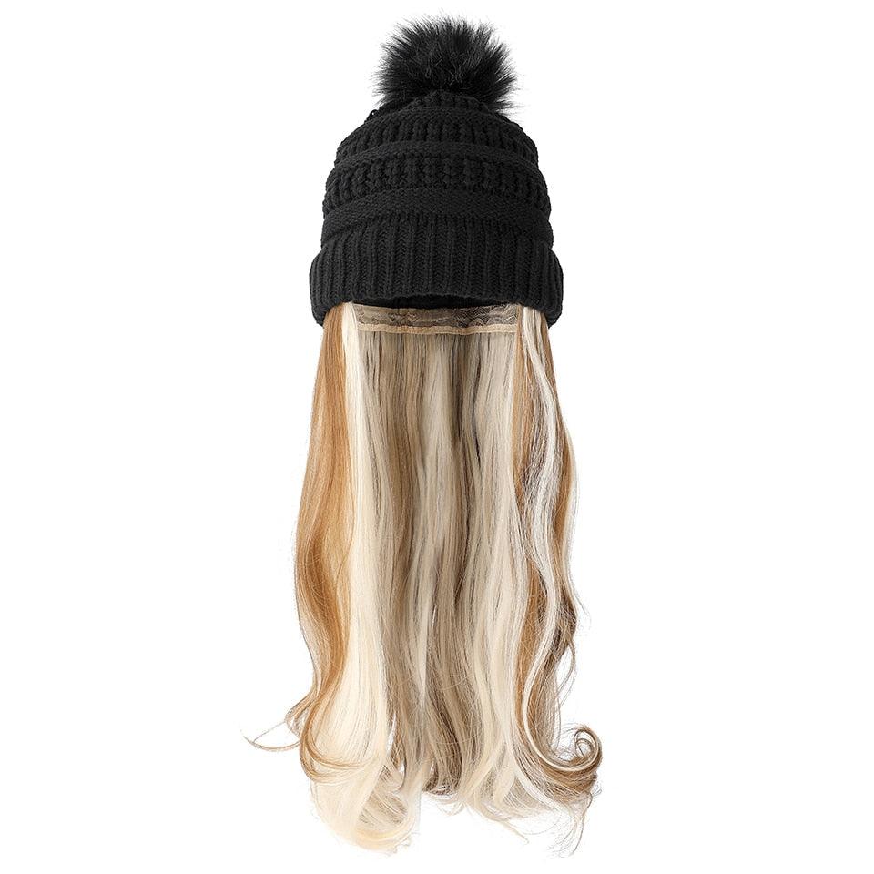 Perruque Chapeau Tendance Synthétique Longue Ondulée avec Béret Chapeau Tricoté Mode Noir Automne Hiver Bonnet Extensions Capillaires Perruques Pour Femmes Noires Perruques de Cosplay Pour Femmes