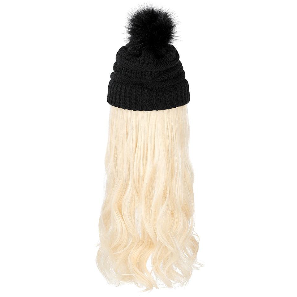 Perruque Chapeau Tendance Synthétique Longue Ondulée avec Béret Chapeau Tricoté Mode Noir Automne Hiver Bonnet Extensions Capillaires Perruques Pour Femmes Noires Perruques de Cosplay Pour Femmes