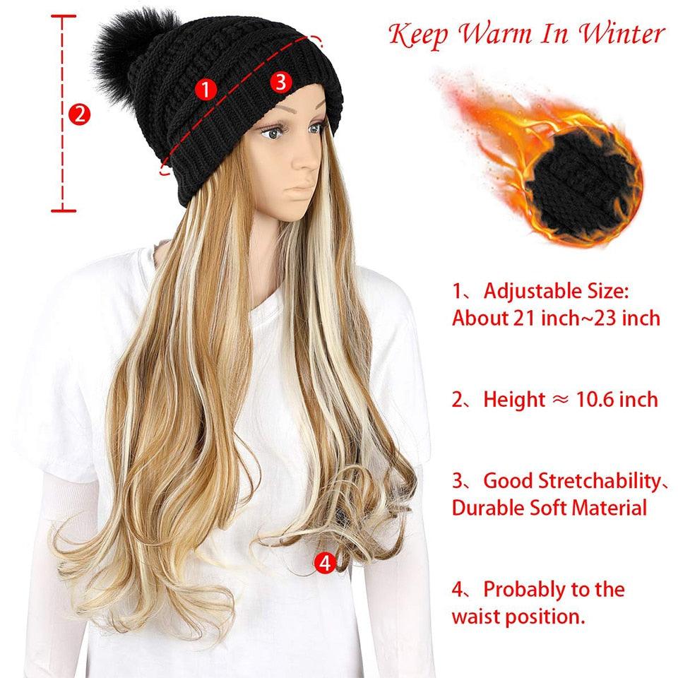 Perruque Chapeau Tendance Synthétique Longue Ondulée avec Béret Chapeau Tricoté Mode Noir Automne Hiver Bonnet Extensions Capillaires Perruques Pour Femmes Noires Perruques de Cosplay Pour Femmes