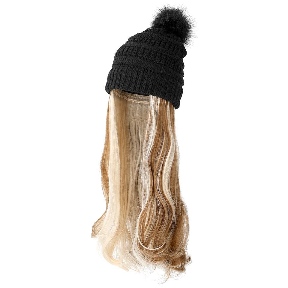 Perruque Chapeau Tendance Synthétique Longue Ondulée avec Béret Chapeau Tricoté Mode Noir Automne Hiver Bonnet Extensions Capillaires Perruques Pour Femmes Noires Perruques de Cosplay Pour Femmes