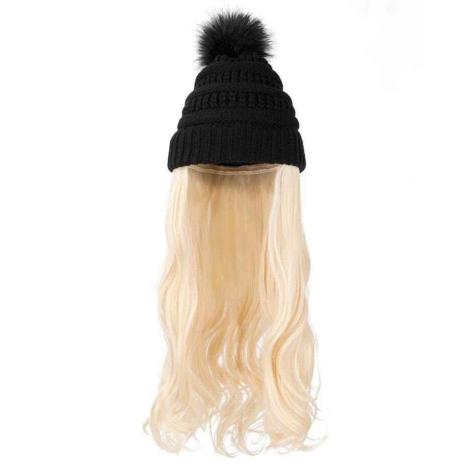 Perruque Chapeau Tendance Synthétique Longue Ondulée avec Béret Chapeau Tricoté Mode Noir Automne Hiver Bonnet Extensions Capillaires Perruques Pour Femmes Noires Perruques de Cosplay Pour Femmes