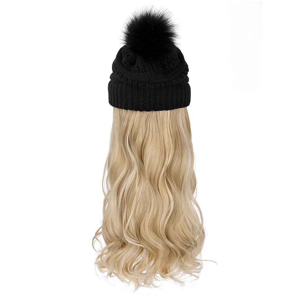 Perruque Chapeau Tendance Synthétique Longue Ondulée avec Béret Chapeau Tricoté Mode Noir Automne Hiver Bonnet Extensions Capillaires Perruques Pour Femmes Noires Perruques de Cosplay Pour Femmes
