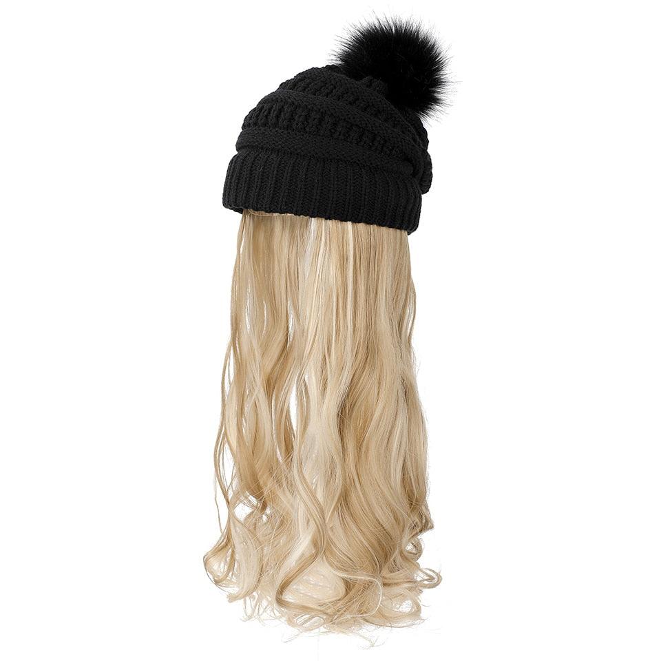 Perruque Chapeau Tendance Synthétique Longue Ondulée avec Béret Chapeau Tricoté Mode Noir Automne Hiver Bonnet Extensions Capillaires Perruques Pour Femmes Noires Perruques de Cosplay Pour Femmes