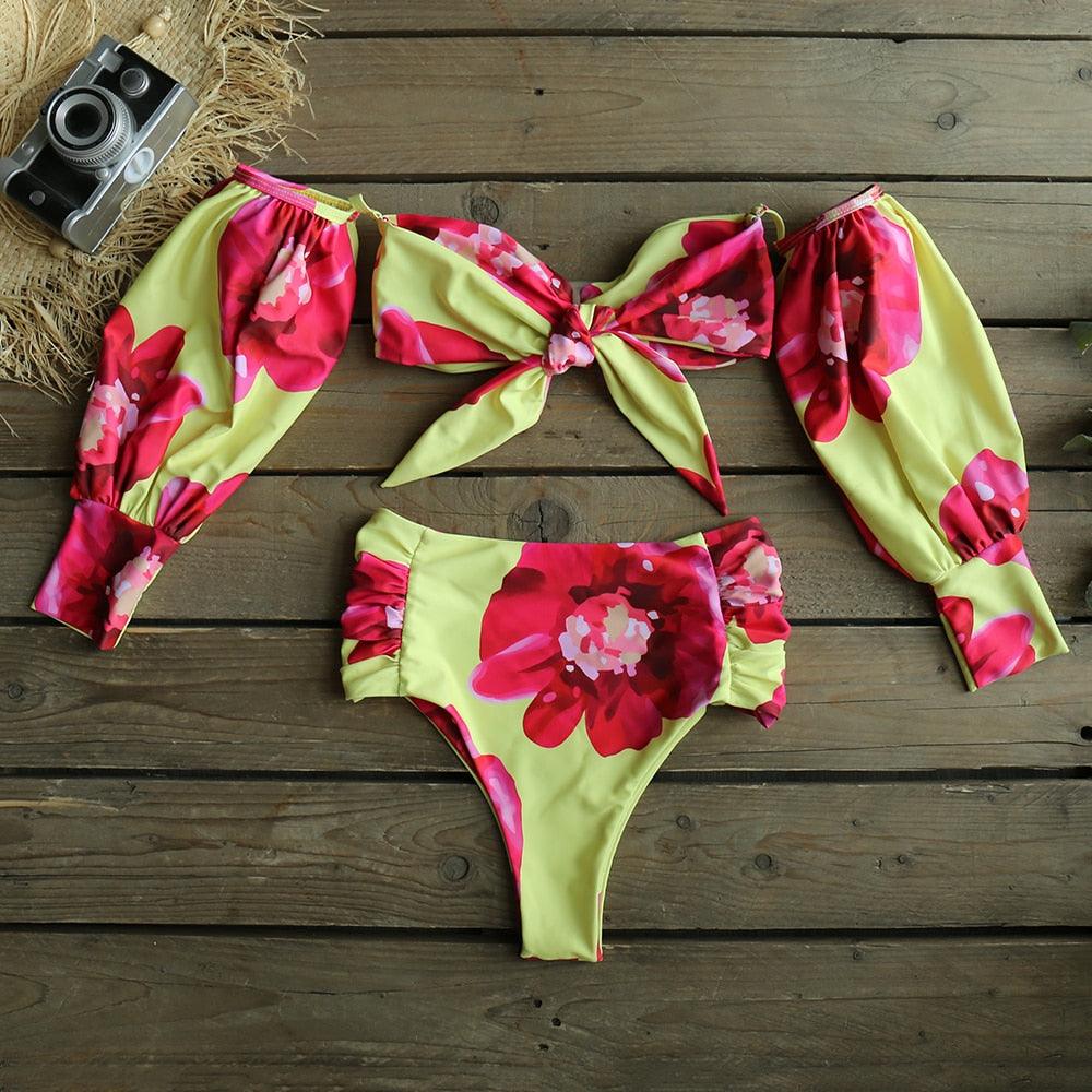 Bikini tendance taille haute, nouveau maillot de bain à manches longues, maillot de bain taille haute épaules dénudées pour femmes, bikinis à manches bulles pour femmes, tenue de plage charmante en maille