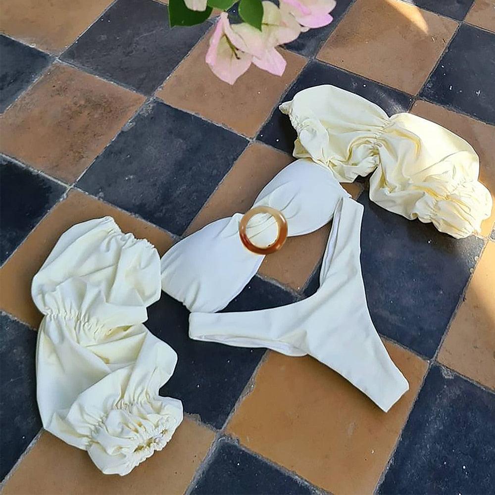 Bikini tendance taille haute, nouveau maillot de bain à manches longues, maillot de bain taille haute épaules dénudées pour femmes, bikinis à manches bulles pour femmes, tenue de plage charmante en maille