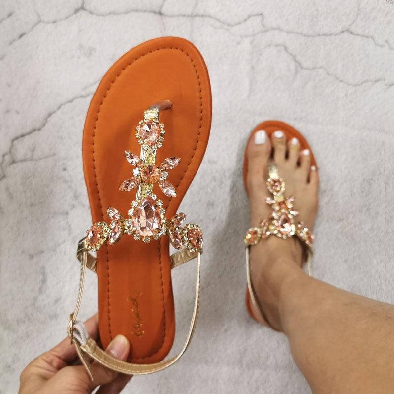 Chaussures d'été tendance pour femmes Belles sandales plates brillantes en cristal avec bride arrière Chaussures plates en strass Sandales plates confortables à brides ouvertes pour femmes