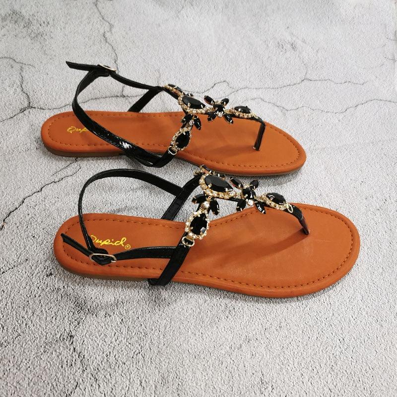 Chaussures d'été tendance pour femmes Belles sandales plates brillantes en cristal avec bride arrière Chaussures plates en strass Sandales plates confortables à brides ouvertes pour femmes