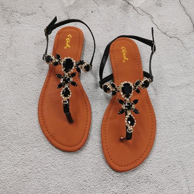 Chaussures d'été tendance pour femmes Belles sandales plates brillantes en cristal avec bride arrière Chaussures plates en strass Sandales plates confortables à brides ouvertes pour femmes