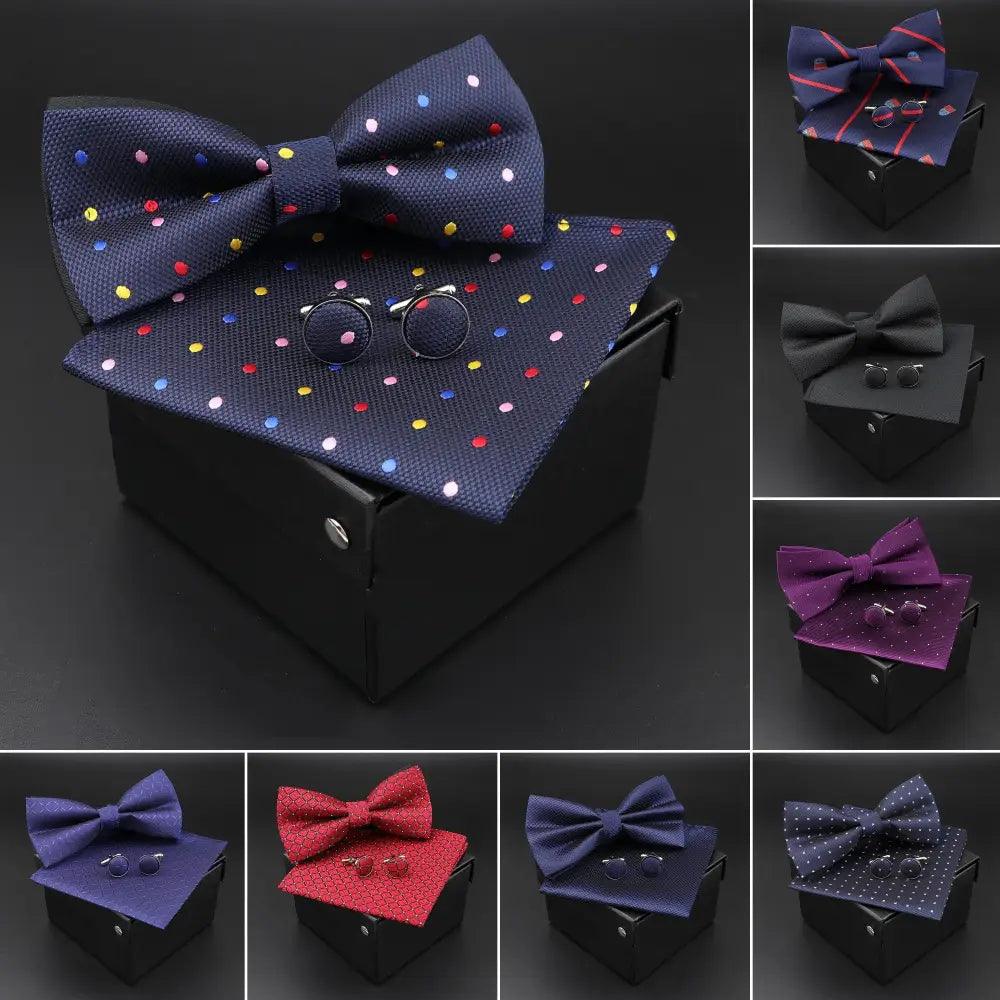 Ensemble Nœud Papillon Imprimé Petits Pois Tendance avec Pochette et Boutons de Manchette pour Hommes Rétro Nœuds Papillon de Fête Mariage sans Boîte Cravates Élégantes Cadeau
