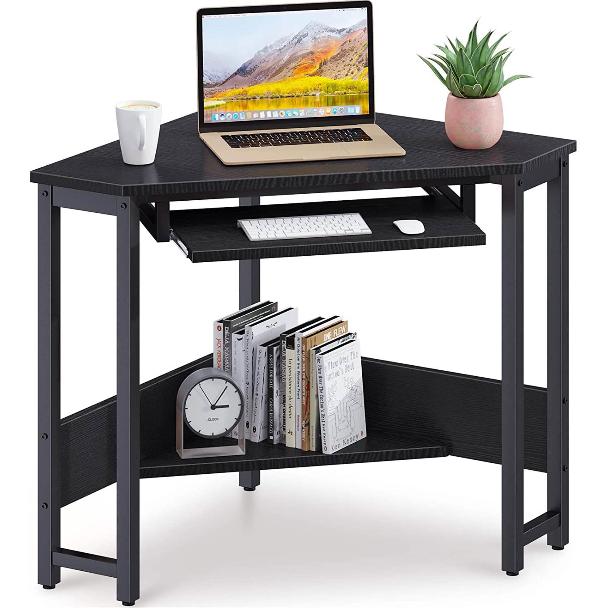 Bureau d'angle pour ordinateur, avec plateau de clavier coulissant et étagères de rangement