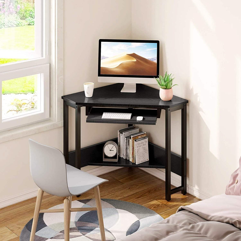 Bureau d'angle pour ordinateur, avec plateau de clavier coulissant et étagères de rangement