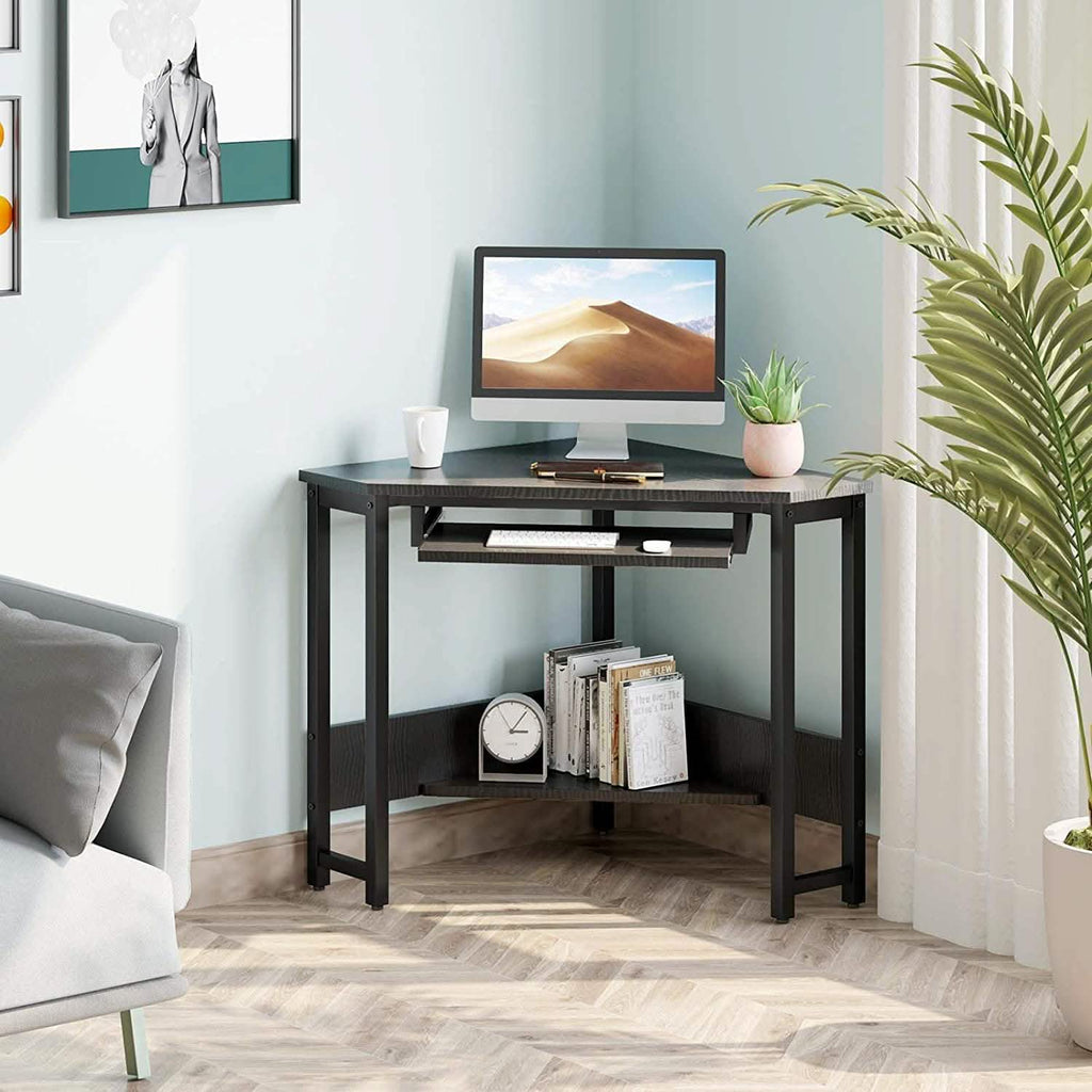 Bureau d'angle pour ordinateur, avec plateau de clavier coulissant et étagères de rangement