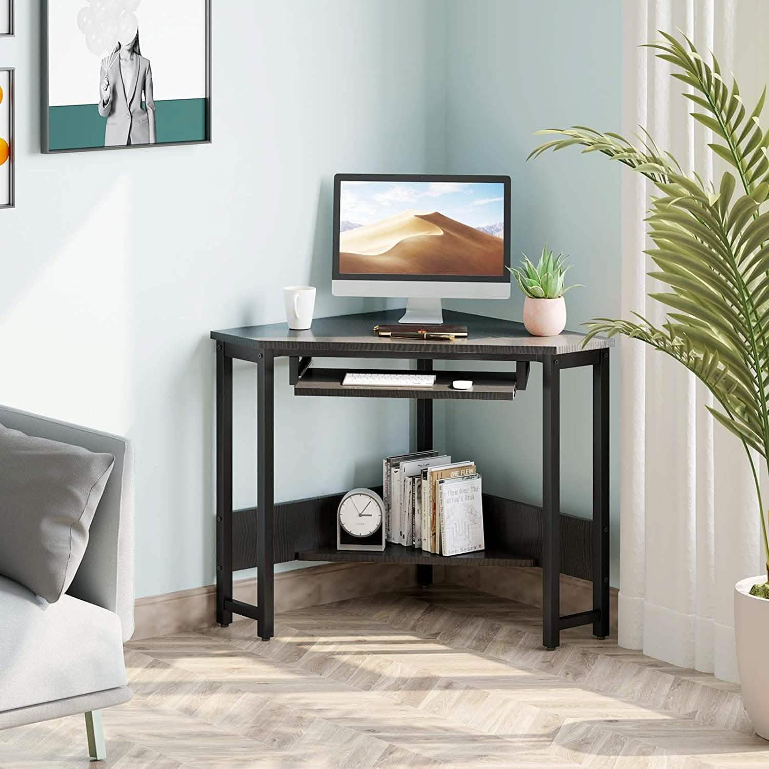 Bureau d'angle pour ordinateur, avec plateau de clavier coulissant et étagères de rangement