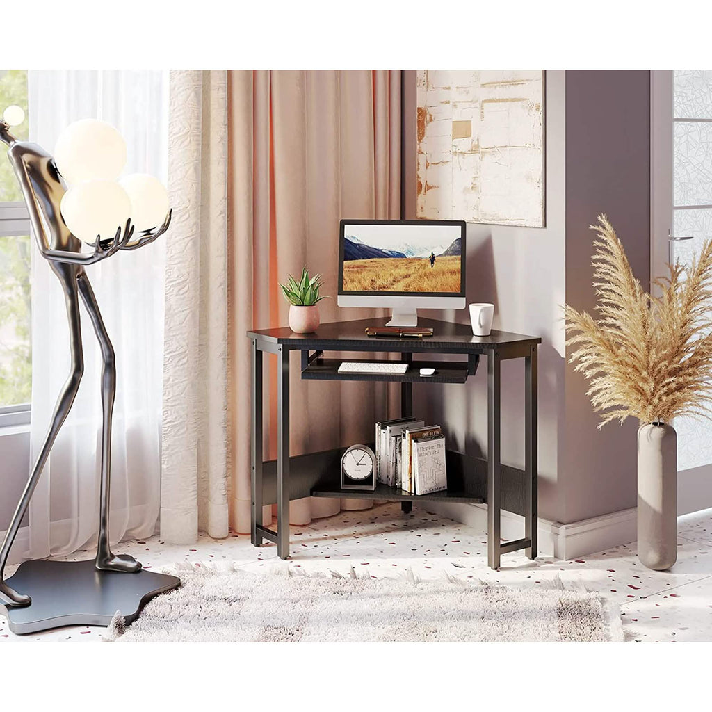 Bureau d'angle pour ordinateur, avec plateau de clavier coulissant et étagères de rangement