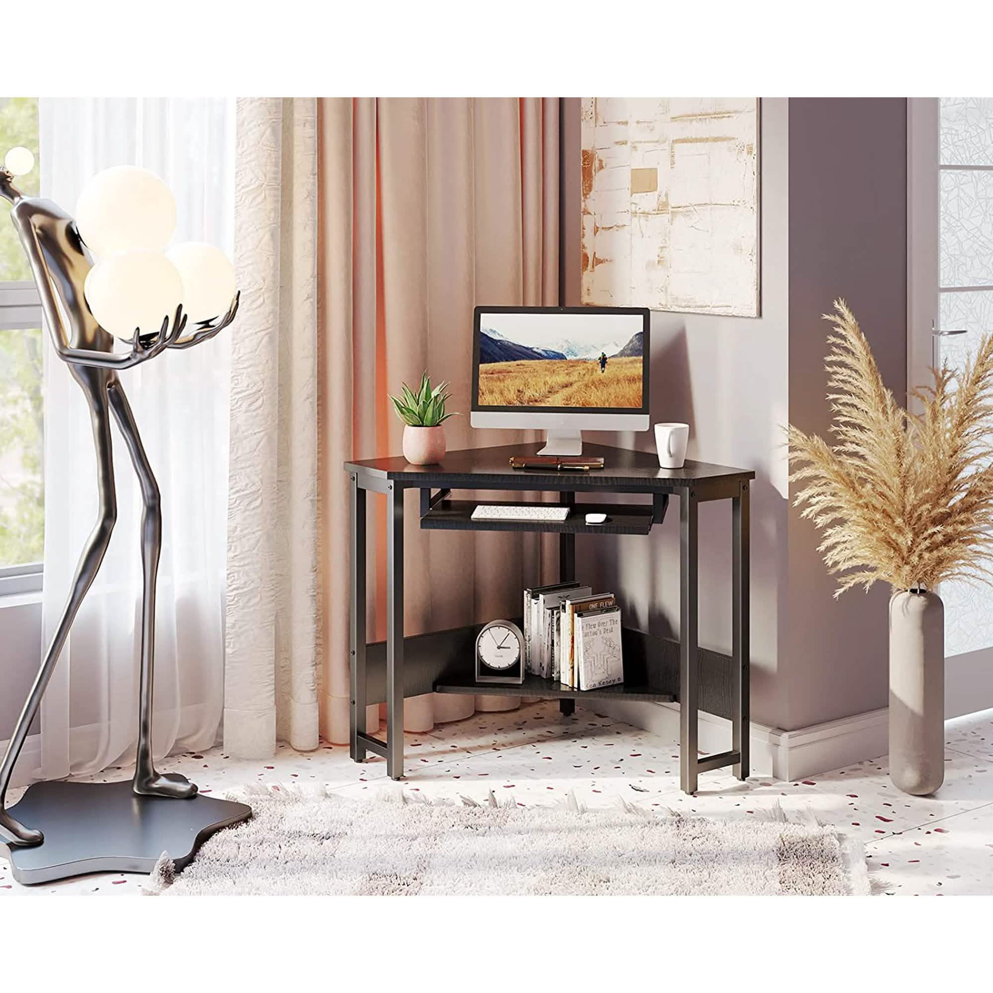 Bureau d'angle pour ordinateur, avec plateau de clavier coulissant et étagères de rangement