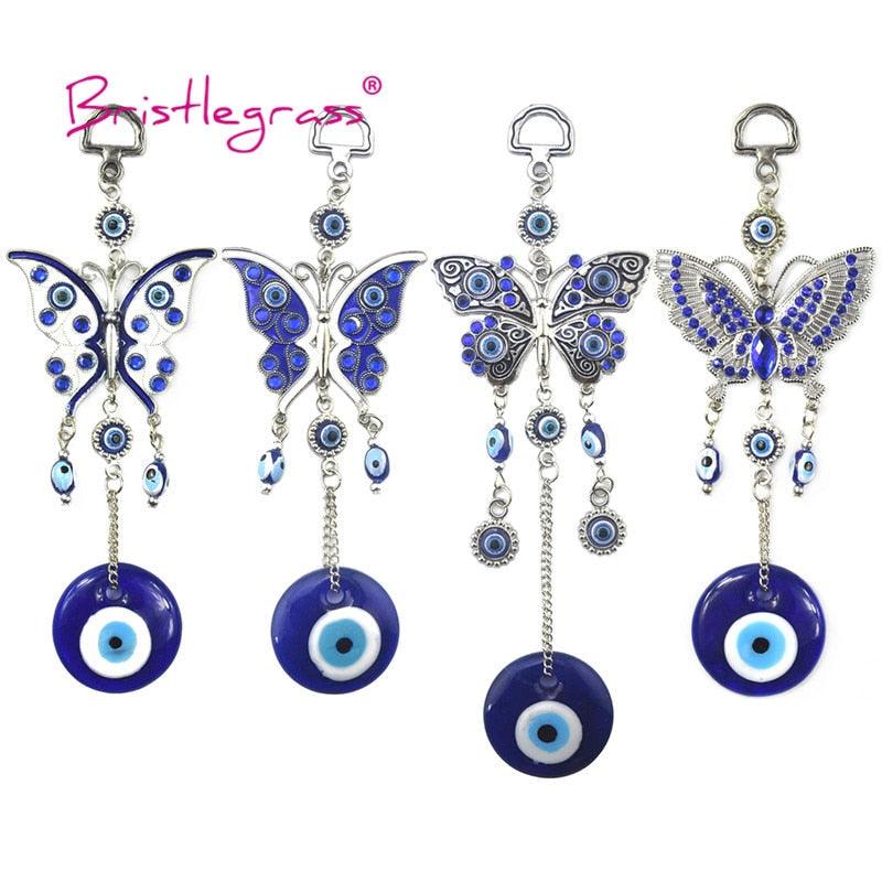 Amulette turque papillon œil bleu avec strass bleus, breloque de voiture, rétroviseur, tenture murale, protection, porte-bonheur, pendentif, décoration d'intérieur, cadeau de bénédiction