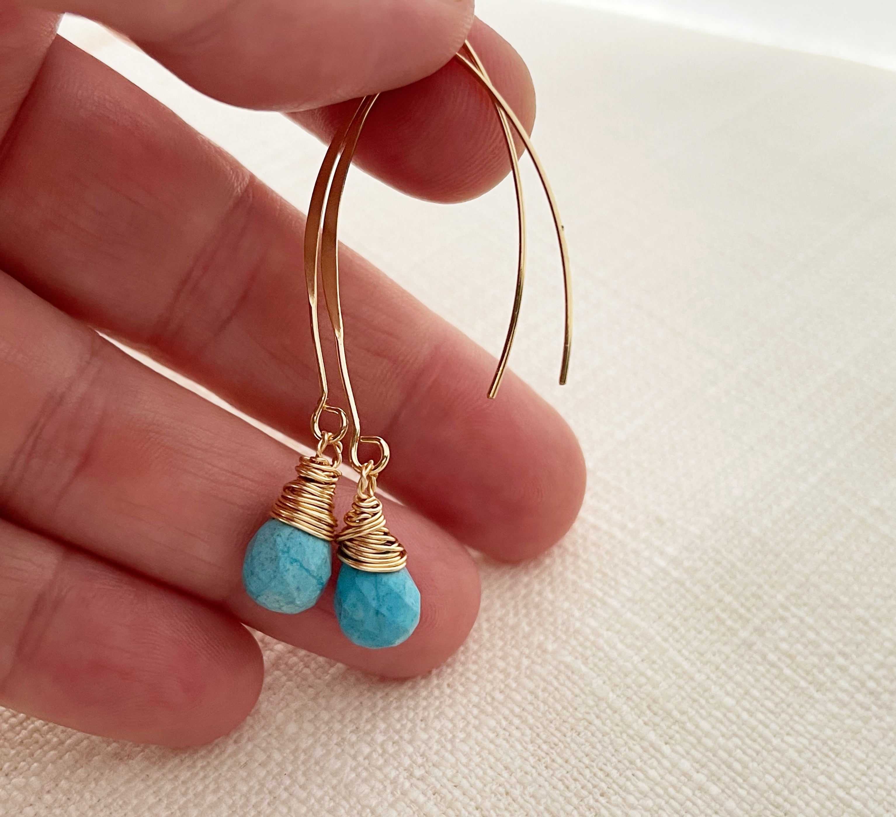 Boucles d'oreilles pendantes en turquoise or 14 carats