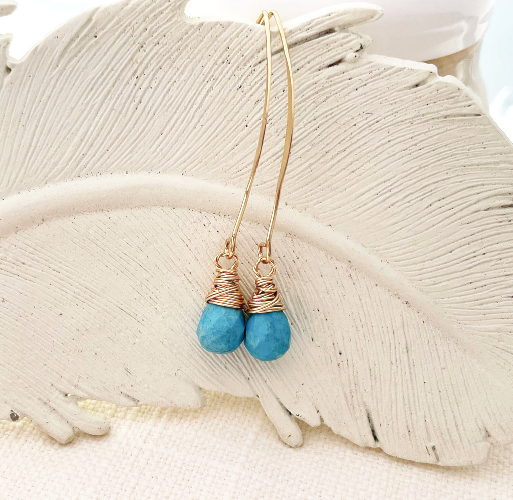 Boucles d'oreilles pendantes en turquoise or 14 carats