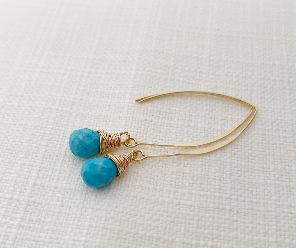 Boucles d'oreilles pendantes en turquoise or 14 carats