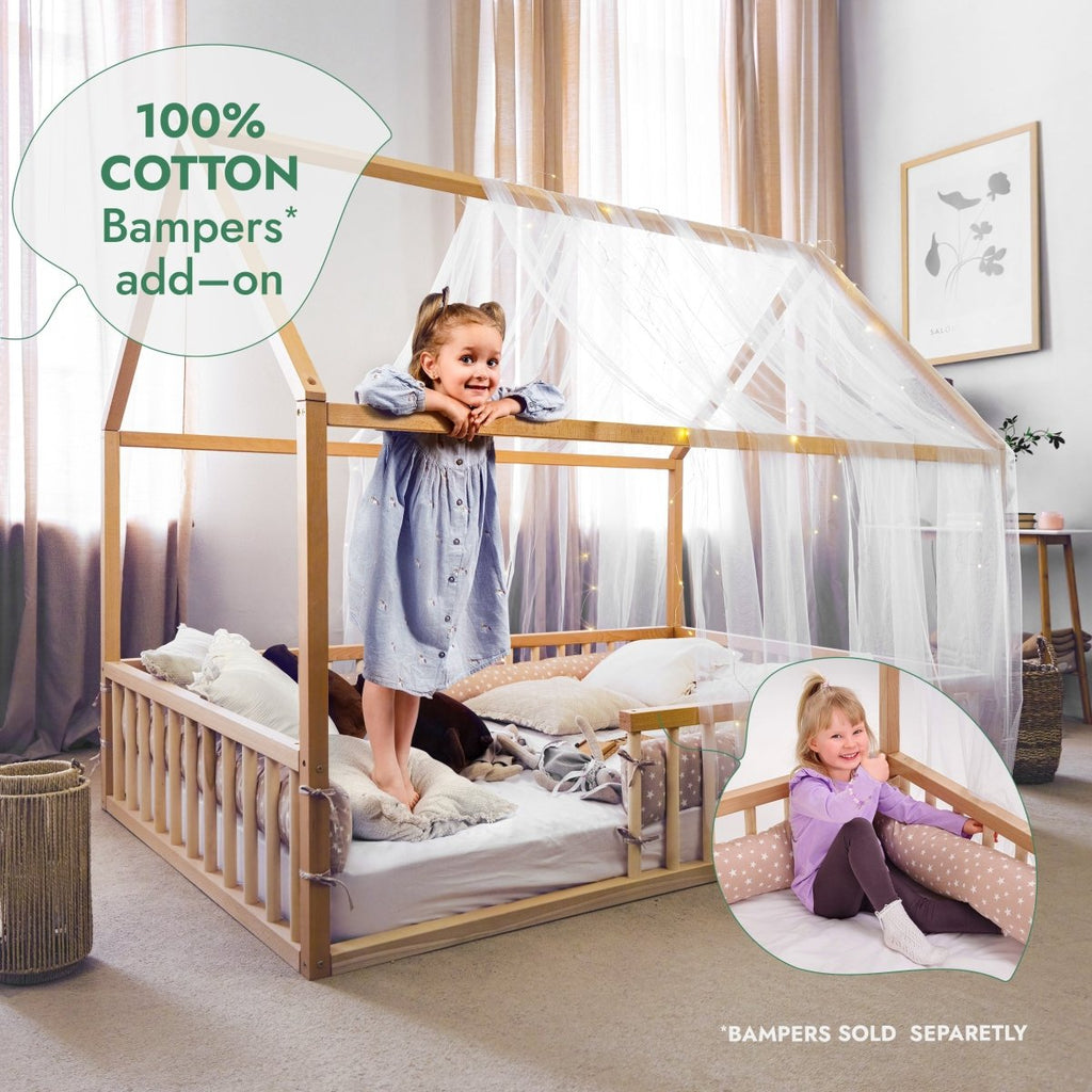 Lit cabane Montessori pour enfant avec barrière de sécurité, taille double