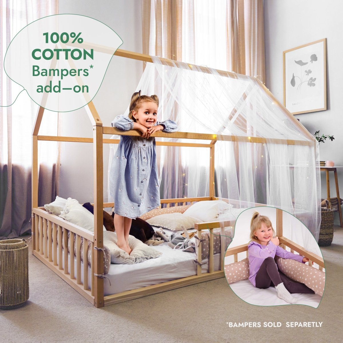 Lit cabane Montessori pour enfant avec barrière de sécurité, taille double
