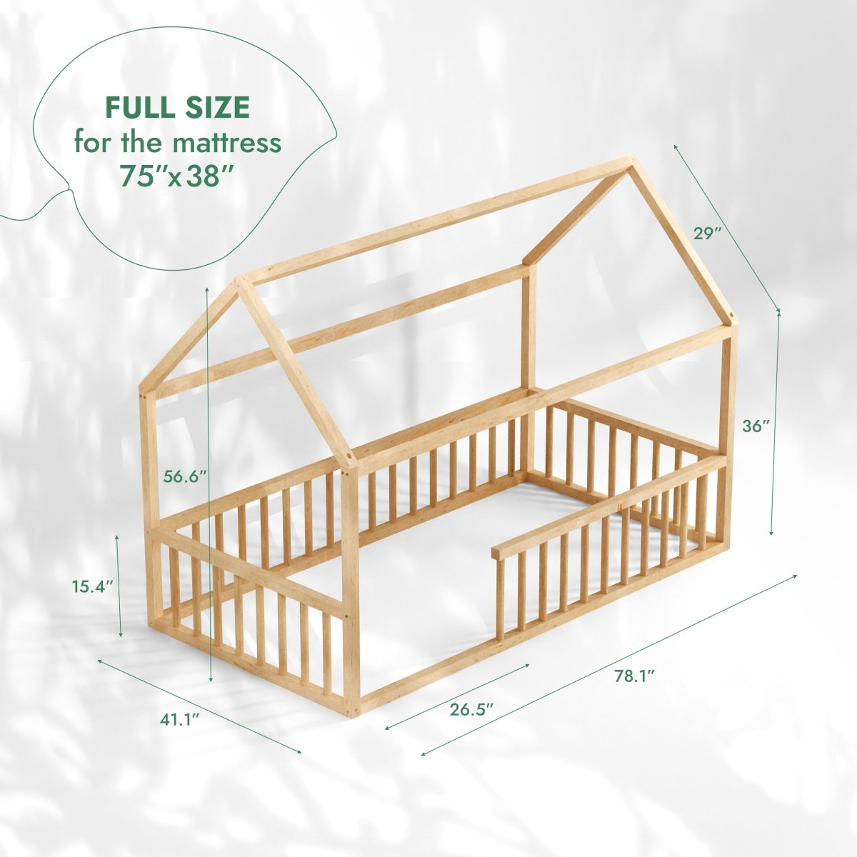 Lit cabane Montessori pour enfant avec barrière de sécurité, taille double