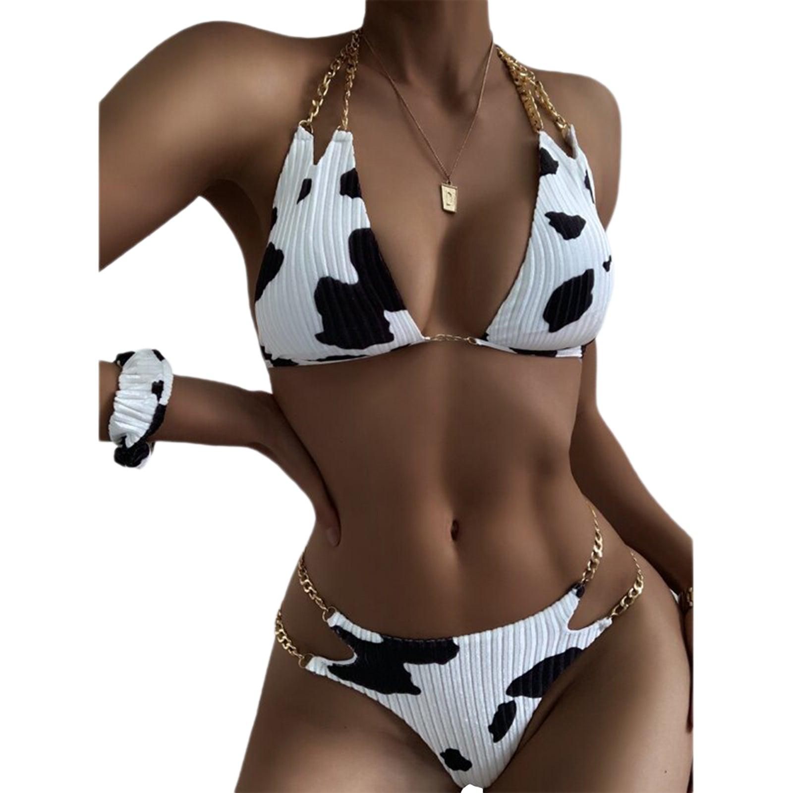 Maillot de bain deux pièces imprimé vache de lait, maillot de bain bikini pour femmes, bikinis pour femmes, maillot de bain deux pièces pour femmes, hauts licou à chaîne en fer à décolleté plongeant en V, triangle à nouer avec bas évidés sur les côtés