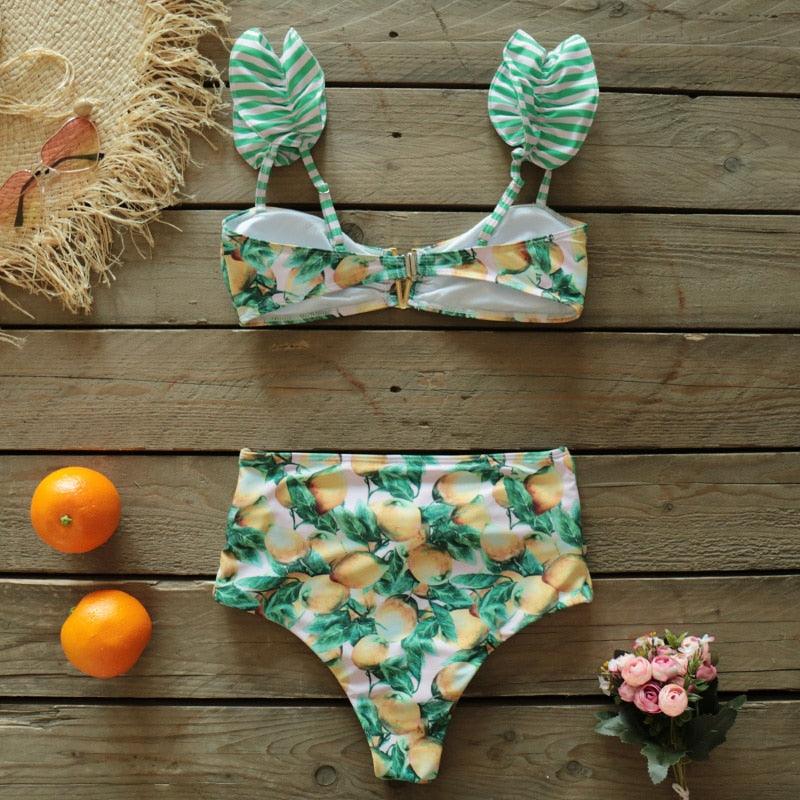 Ensemble bikini deux pièces à volants pour femme, maillot de bain push-up rembourré à imprimé floral, maillot de bain de plage, bikini triangle à nouer sur le côté et string échancré
