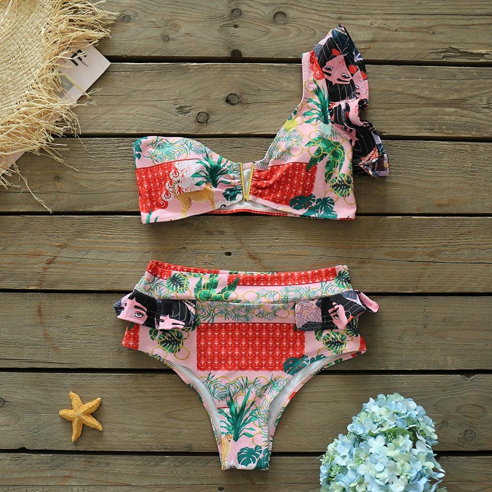Ensemble bikini deux pièces à volants pour femme, maillot de bain push-up rembourré à imprimé floral, maillot de bain de plage, bikini triangle à nouer sur le côté et string échancré