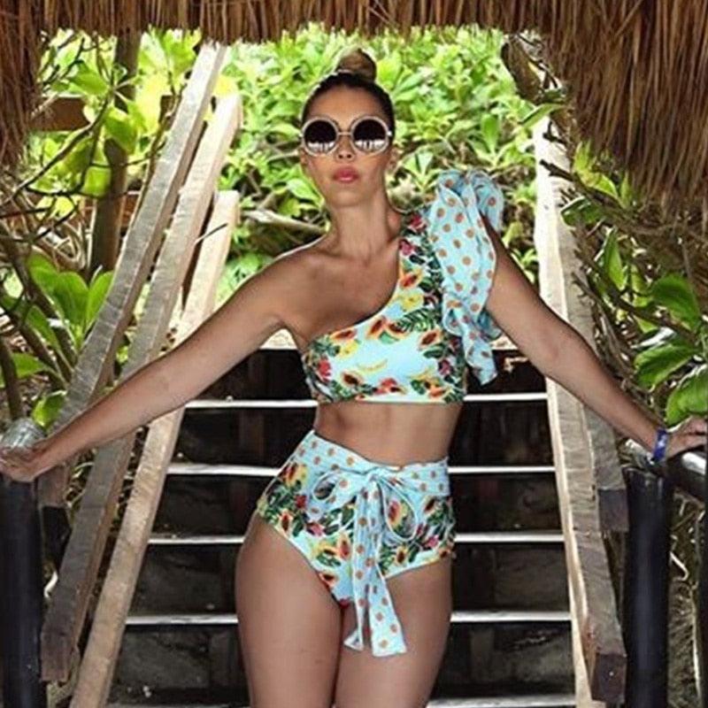 Ensemble bikini deux pièces à volants pour femme, maillot de bain push-up rembourré à imprimé floral, maillot de bain de plage, bikini triangle à nouer sur le côté et string échancré