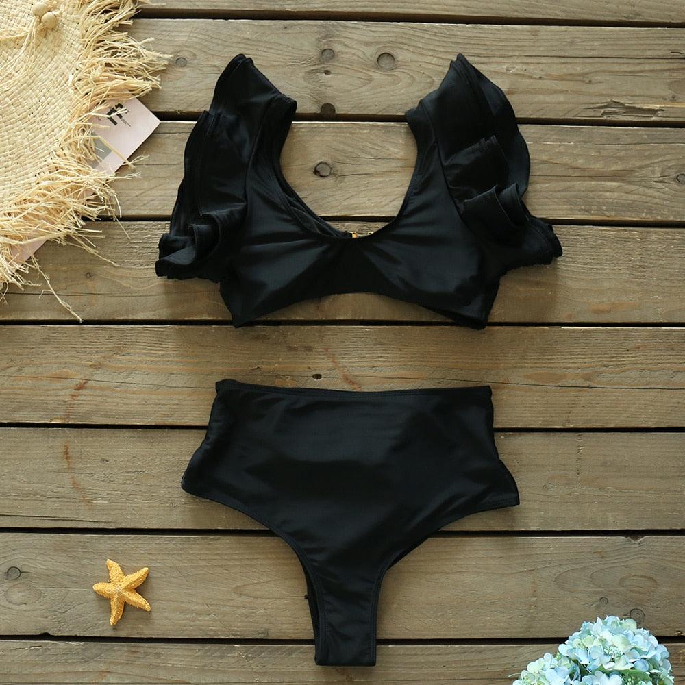 Ensemble bikini deux pièces à volants pour femme, maillot de bain push-up rembourré à imprimé floral, maillot de bain de plage, bikini triangle à nouer sur le côté et string échancré