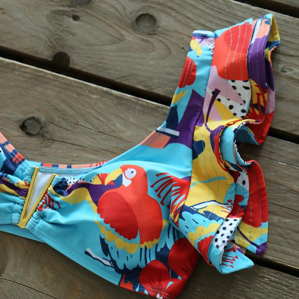 Ensemble bikini deux pièces à volants pour femme, maillot de bain push-up rembourré à imprimé floral, maillot de bain de plage, bikini triangle à nouer sur le côté et string échancré