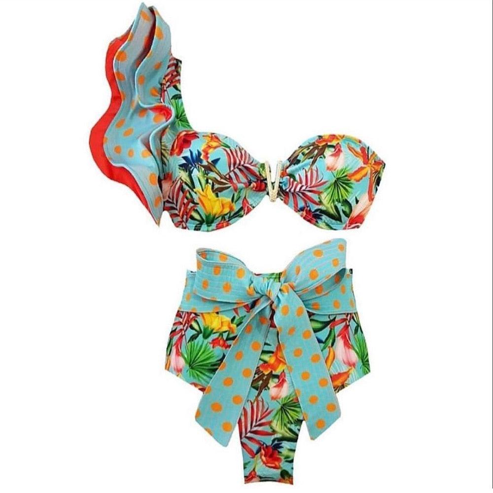 Ensemble bikini deux pièces à volants pour femme, maillot de bain push-up rembourré à imprimé floral, maillot de bain de plage, bikini triangle à nouer sur le côté et string échancré