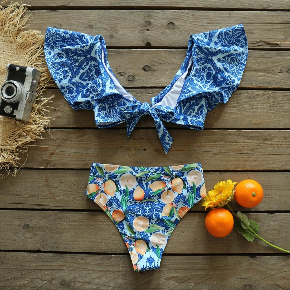 Ensemble bikini deux pièces à volants pour femme, maillot de bain push-up rembourré à imprimé floral, maillot de bain de plage, bikini triangle à nouer sur le côté et string échancré