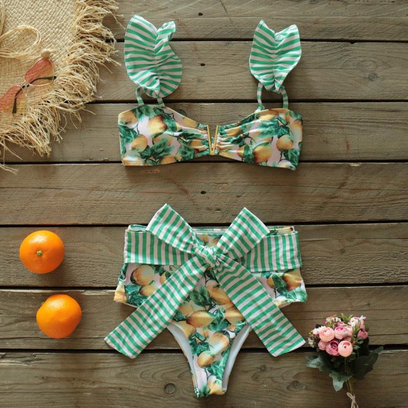 Ensemble bikini deux pièces à volants pour femme, maillot de bain push-up rembourré à imprimé floral, maillot de bain de plage, bikini triangle à nouer sur le côté et string échancré